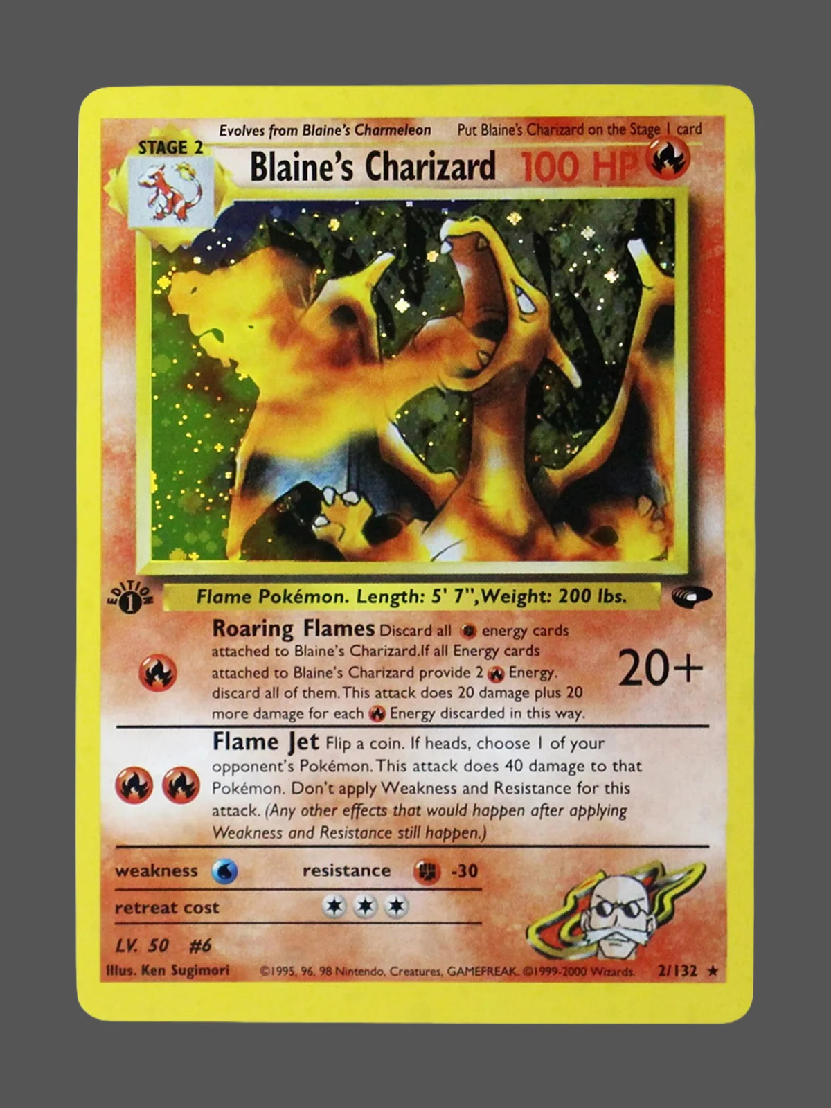blaines-charizard-2-g2-en-gf.webp Blaines Charizard Galaxy Foil Pokemon proxy card from Gym Challenge #2
