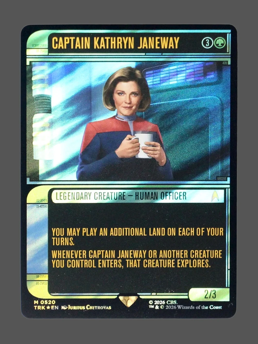 captain-kathryn-janeway-520-surgefoil.webp Captain Kathryn Janeway Surge Foil MTG proxy card from Star Trek #520