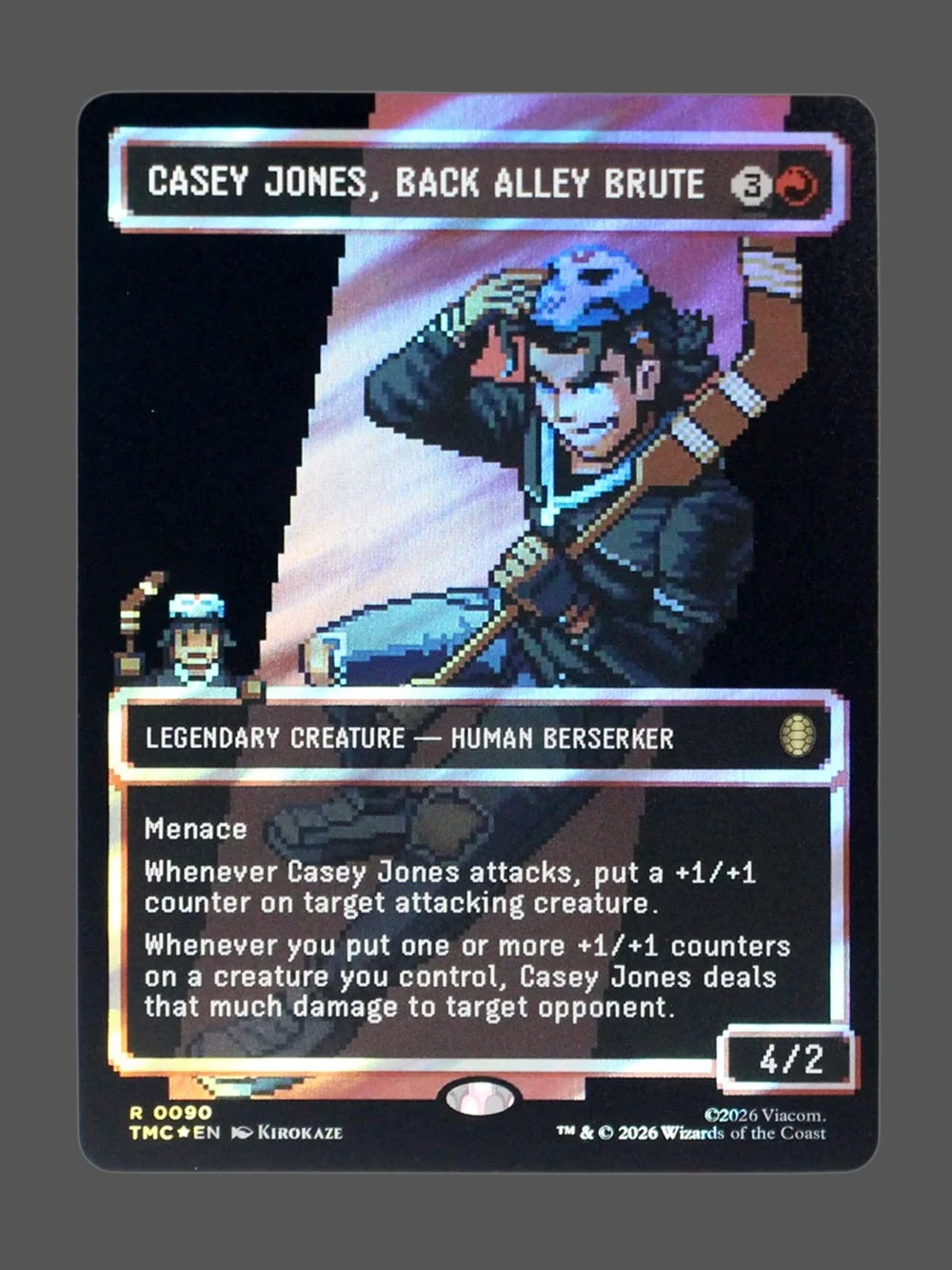 casey-jones-back-alley-brute-090-surgefoil.webp Casey Jones, Back Alley Brute Surge Foil MTG proxy card from Teenage Mutant Ninja Turtles Eternal #90