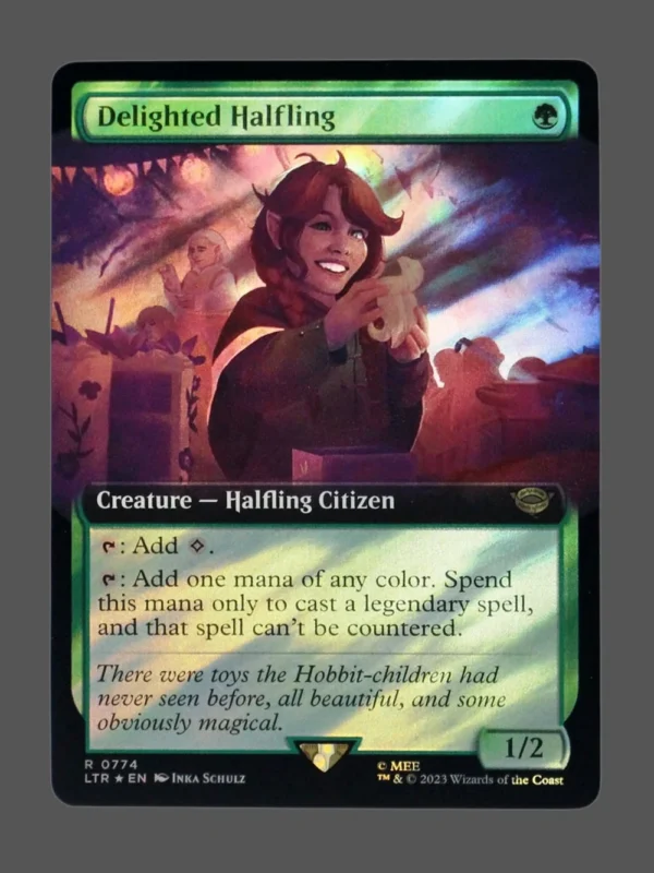 Delighted Halfling Surge Foil MTG proxy card from The Lord of the Rings: Tales of Middle-earth #774