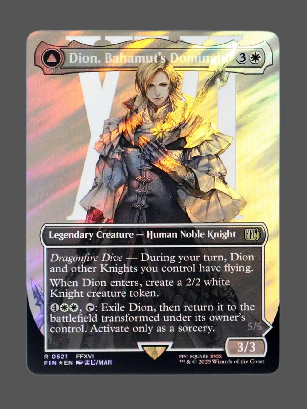 dion-bahamuts-dominant-521-front.webp Dion, Bahamut's Dominant/Bahamut, Warden of Light Surge Foil MTG proxy card from Final Fantasy #521