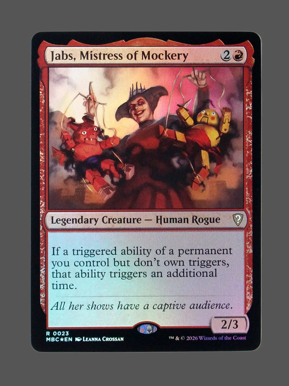 jabs-mistress-of-mockery-023-foil.webp Jabs, Mistress of Mockery Foil MTG proxy card from Mystery Booster Commander Edition #23