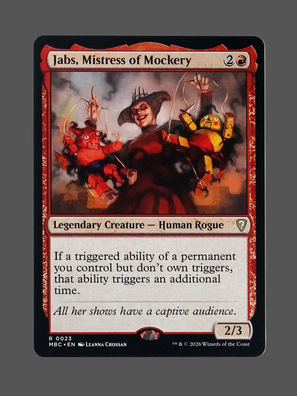 jabs-mistress-of-mockery-023-holo.webp Jabs, Mistress of Mockery Holo MTG proxy card from Mystery Booster Commander Edition #23