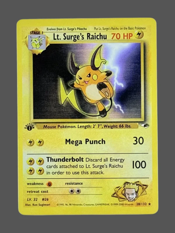 Lt. Surge’s Raichu Regular Pokemon proxy card from Gym Heroes #28