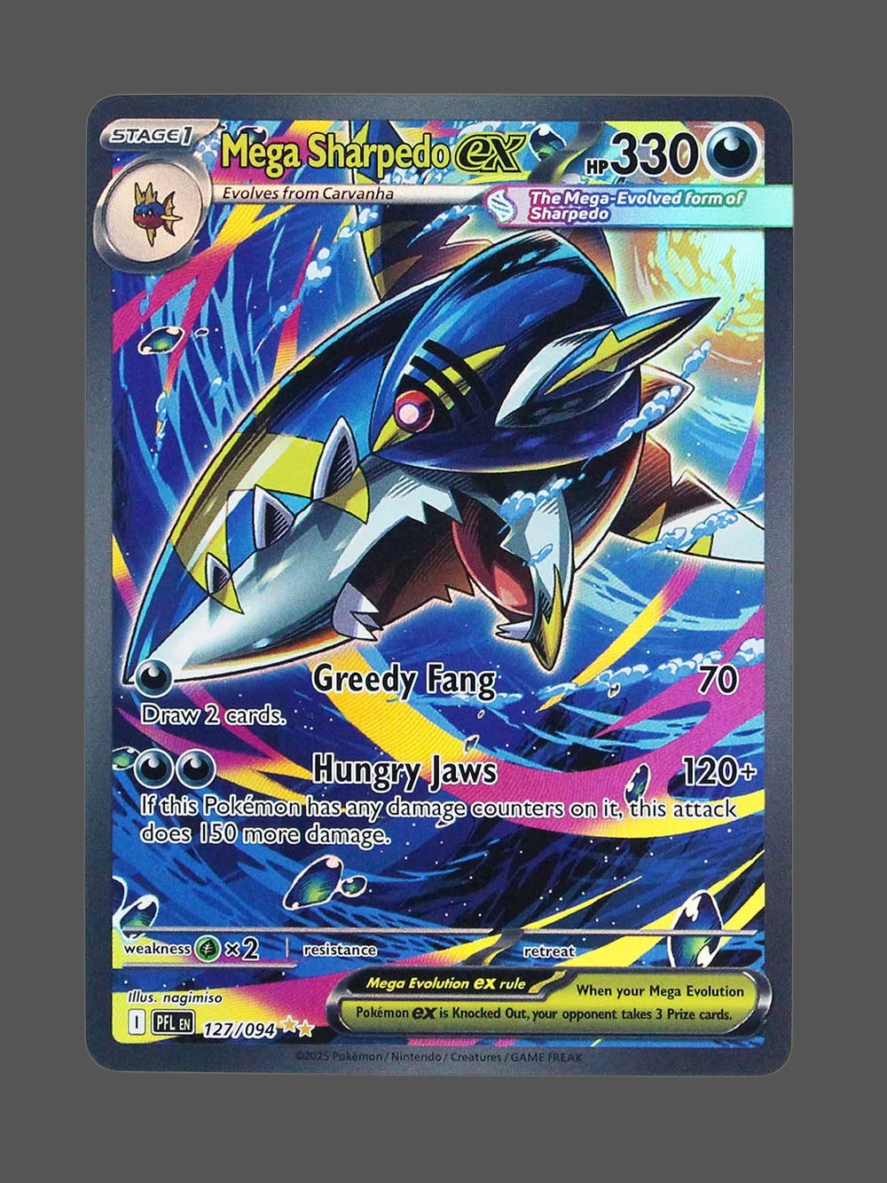 mega-sharpedo-ex-127-pfl-en-refractor-foil-v2.webp Mega Sharpedo ex Foil Pokemon proxy card from Phantasmal Flames #127