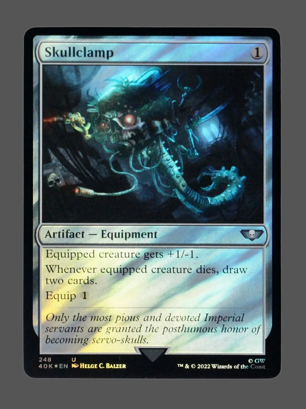 skullclamp-248-surgefoil.webp Skullclamp Surge Foil MTG proxy card from Warhammer 40, 000 Commander #248★