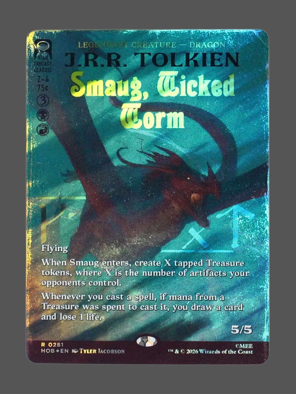smaug-wicked-worm-281-surgefoil.webp Smaug, Wicked Worm Surge Foil MTG proxy card from The Hobbit #281