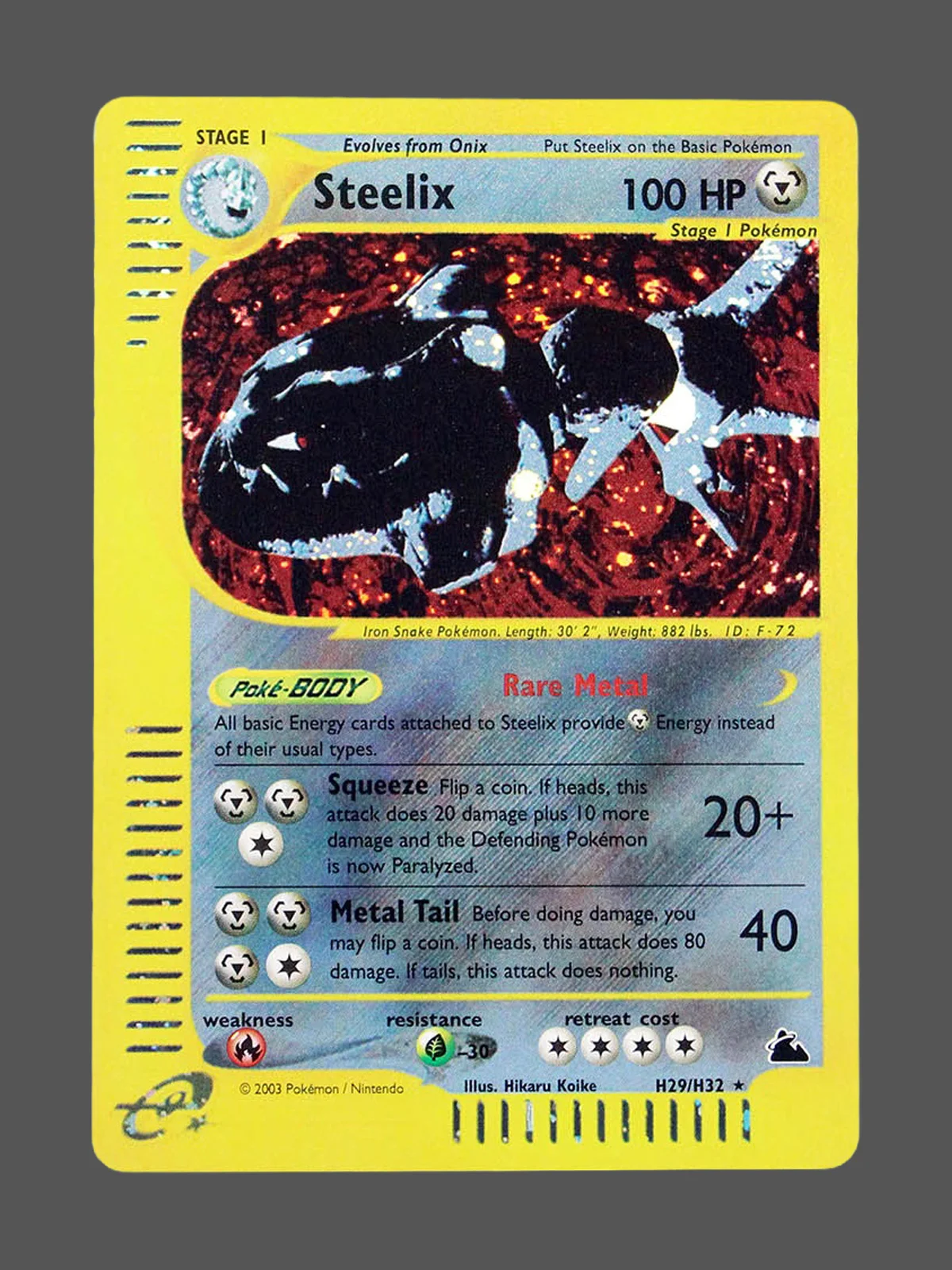 steelix-h29-sk-en-foil.webp Steelix Foil Pokemon proxy card from Skyridge #H29