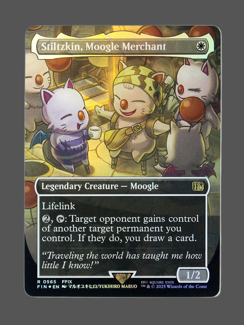 stiltzkin-moogle-merchant-565-chocobotrackfoil.webp Stiltzkin, Moogle Merchant Chocobotrack Foil MTG proxy card from Final Fantasy #565