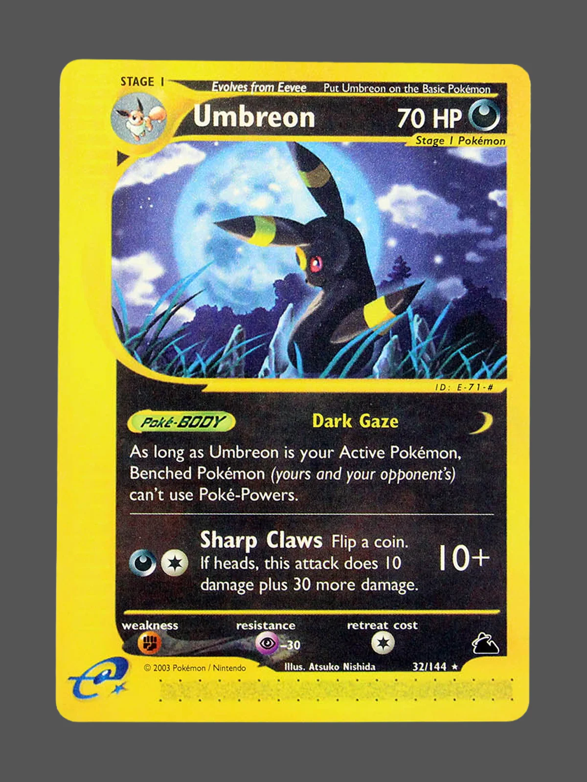 umbreon-32-sk-en.webp Umbreon Regular Pokemon proxy card from Skyridge #32